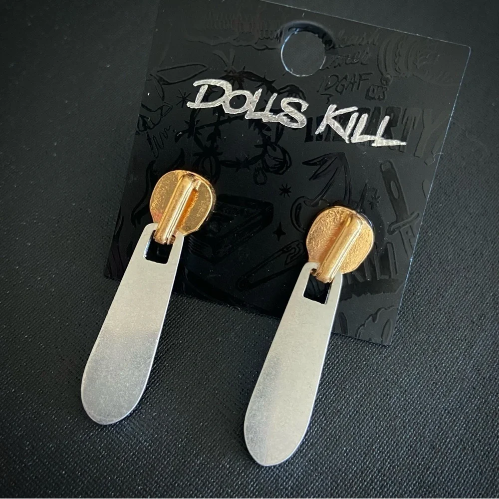 DOLLS KILL Zipper Stud Earrings in Gold and Silver